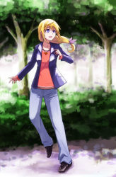 Rule 34 | 10s, 1girl, bad id, bad pixiv id, blonde hair, casual, charlotte dunois, denim, infinite stratos, jeans, jewelry, kaoru348, necklace, pants, ponytail, purple eyes, solo