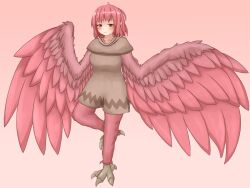 Rule 34 | 1girl, bird legs, blush, breasts, brown dress, commentary request, dress, feathers, gradient background, harpy, looking at viewer, medium breasts, medium hair, monster girl, orange eyes, original, pink background, pink feathers, pink hair, pink wings, pointy ears, smile, solo, talons, winged arms, wings, yumenomimizuku