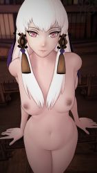 Rule 34 | 1girl, 3d, breasts, fire emblem, fire emblem: three houses, hair ornament, highres, leaning on table, long hair, looking at viewer, lysithea von ordelia, nintendo, nipples, nohno, nude, red eyes, solo, table, white hair