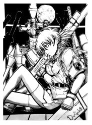 Rule 34 | absurdres, artist name, badge, belt, breasts, dugalatti, full moon, gloves, greyscale, hellsing, highres, large breasts, military uniform, monochrome, moon, rocket launcher, seras victoria, signature, skirt, spiked hair, thighhighs, weapon