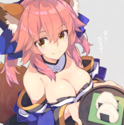 Rule 34 | 1girl, animal ear fluff, animal ears, bare shoulders, blue bow, blue kimono, blush, bow, breasts, cleavage, clip studio paint (medium), closed mouth, detached collar, fate/extra, fate (series), food, fox ears, fox girl, fox tail, hair between eyes, hair bow, japanese clothes, kimono, large breasts, long hair, long sleeves, looking at viewer, onigiri, pink hair, plate, rice, saipaco, sidelocks, smile, tail, tamamo (fate), tamamo no mae (fate/extra), translated, twintails, wide sleeves, yellow eyes