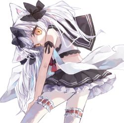 Rule 34 | 1girl, animal ear fluff, animal ears, arm ribbon, azur lane, black bow, black ribbon, black sailor collar, black skirt, bow, cat ears, commentary, from behind, hair bow, highres, lace, lace-trimmed legwear, lace trim, long hair, looking at viewer, nanairomadani, pleated skirt, ribbon, sailor collar, school uniform, serafuku, sidelocks, simple background, skirt, sleeveless, solo, standing, thighhighs, two side up, white background, white hair, white thighhighs, yellow eyes, yukikaze (azur lane)