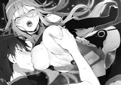 Rule 34 | 1boy, 1girl, breast sucking, breasts, character request, chidorigafuchi aine, closed eyes, clothing cutout, couple, elbow gloves, fingerless gloves, floating hair, garter straps, gloves, greyscale, hair between eyes, highres, hisasi, large breasts, long hair, masou gakuen hxh, midriff, monochrome, navel, navel cutout, novel illustration, official art, open mouth, stomach, sweatdrop, thighhighs, very long hair