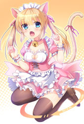 Rule 34 | 1girl, animal ear fluff, animal ears, apron, bell, blonde hair, blue eyes, blush, breasts, brown footwear, brown thighhighs, cat ears, cat girl, cat tail, choker, cleavage, cleavage cutout, clothing cutout, collarbone, commentary request, fang, frilled apron, frilled skirt, frills, full body, hair between eyes, hair ribbon, halftone, halftone background, heart cutout, highres, jingle bell, loafers, long hair, looking at viewer, maid, maid headdress, medium breasts, neck bell, open mouth, original, pink choker, pink shirt, pink skirt, pleated skirt, puffy short sleeves, puffy sleeves, red ribbon, ribbon, romaji text, shirt, shoes, short sleeves, skirt, solo, tail, tail ornament, tail raised, tail ribbon, thighhighs, twintails, umitonakai, waist apron, white apron