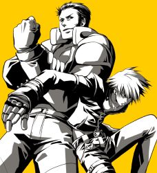Rule 34 | 2boys, android, cross, gloves, k&#039; (kof), male focus, maxima, monochrome, multiple boys, short hair, simple background, smile, snk, the king of fighters