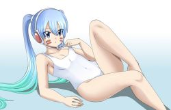 Rule 34 | 1girl, android, blue eyes, blue hair, breasts, dmayaichi, eden&#039;s zero, female focus, gradient hair, green hair, headphones, hermit mio, multicolored hair, one-piece swimsuit, parted lips, small breasts, solo, swimsuit, twintails, white one-piece swimsuit