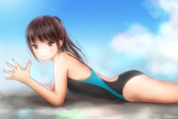 Rule 34 | 1girl, artist name, blue sky, brown eyes, competition swimsuit, day, feet out of frame, long hair, looking at viewer, lying, nail polish, on stomach, one-piece swimsuit, original, outdoors, own hands together, pink nails, ponytail, school swimsuit, sky, smile, solo, swimsuit, yurubine