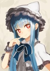 Rule 34 | + +, 1girl, blue hair, blue ribbon, collar, frilled hat, frilled sleeves, frills, hat, long hair, looking at viewer, nosuku, red eyes, ribbon, short sleeves, sidelocks, simple background, smile, solo, symbol-shaped pupils, wristband