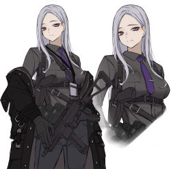 Rule 34 | 1girl, 3 small spiders, absurdres, ammunition belt, ammunition pouch, black gloves, black jacket, black pants, breasts, closed mouth, clothes pull, commentary, feet out of frame, glock, gloves, grey hair, grey shirt, gun, gun sling, handgun, harness, highres, holstered, id card, jacket, jacket pull, long hair, long sleeves, looking at viewer, medium breasts, mole, mole under mouth, necktie, original, pants, pouch, purple eyes, purple necktie, shirt, sidelocks, smile, standing, submachine gun, weapon, weapon request, white background