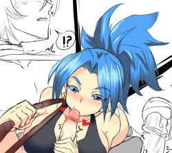Rule 34 | 1girl, bad id, bad pixiv id, blue eyes, blue hair, blush, breast press, breasts, earrings, eyelashes, fellatio, heart, jewelry, large breasts, leona heidern, long hair, nightmare-doom, oral, penis, ponytail, sideboob, snk, solo focus, tank top, the king of fighters, uncensored, whip