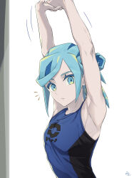 Rule 34 | 1boy, alternate costume, armpits, arms up, bare arms, blue shirt, closed mouth, commentary request, creatures (company), eyelashes, game freak, green eyes, green hair, grusha (pokemon), highres, male focus, medium hair, min (myna8247), nintendo, notice lines, pokemon, pokemon sv, shirt, signature, sleeveless, sleeveless shirt, solo, stretching, upper body, white background