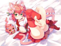 Rule 34 | 1girl, ahoge, alternate costume, animal ears, barefoot, bed, bed sheet, blush, breasts, bridal gauntlets, cat, cat ears, cat tail, cleavage, cleavage cutout, closed mouth, clothing cutout, commentary, feet, flower, gloves, green eyes, hair between eyes, hair flower, hair ornament, hairclip, highres, hololive, japanese clothes, kintoki (sakura miko), legs up, looking at viewer, lying, medium breasts, moeki yuuta, nontraditional miko, on back, panties, pink panties, red gloves, red hair, red thighhighs, sakura miko, sakura miko (old design), short hair, single thighhigh, sleeveless, solo, tail, thighhighs, toes, underwear, virtual youtuber, zettai ryouiki