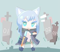 Rule 34 | 1girl, animal ears, aqua eyes, arknights, blue hair, blush, cat ears, cat girl, commentary request, dress, full body, hood, infection monitor (arknights), jacket, keirono, long hair, looking at viewer, rosmontis (arknights), smile, solo