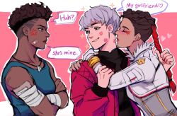 Rule 34 | 1koma, 3girls, absurdres, anger vein, apex legends, bandaid, bandaid on cheek, bandaid on face, bangalore (apex legends), black sweater, blush, bracelet, braid, brown eyes, brown hair, closed eyes, comic, cropped jacket, crossed arms, dark-skinned female, dark skin, dog tags, eyeshadow, gloves, grey hair, grey jacket, grey shirt, heart, highres, hug, jacket, jealous, jewelry, letterboxed, lipstick mark, loba (apex legends), love triangle, makeup, multicolored hair, multiple girls, necklace, official alternate costume, orange nails, outline, outside border, parted lips, pink background, pointing, puckered lips, red eyeshadow, red hair, red jacket, right-to-left comic, shirt, short hair, sleeveless, sleeveless shirt, smile, smug, sparkle, speech bubble, sweater, twin braids, two-tone hair, valkyrie (apex legends), wasabi (vowsbid), white gloves, white outline, yuri