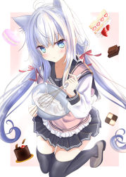 Rule 34 | 1girl, alternate hairstyle, animal ears, aruka (alka p1), black sailor collar, black skirt, black thighhighs, blouse, blue eyes, blush, bowl, cake, cat ears, cat girl, food, grey footwear, hair between eyes, hibiki (kancolle), highres, holding, holding bowl, kantai collection, loafers, long hair, long sleeves, low twintails, macaron, mixing bowl, parted lips, pleated skirt, sailor collar, sailor shirt, shirt, shoes, silver hair, skirt, snack, solo, strawberry shortcake, thighhighs, twintails, valentine, verniy (kancolle), white shirt