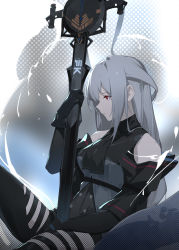 Rule 34 | 1girl, arknights, arm cuffs, ascot, between legs, black ascot, black gloves, black pants, black shirt, breasts, clothing cutout, commentary, detached sleeves, expressionless, female focus, from side, gloves, grey background, hair between eyes, hand between legs, highres, holding, holding sword, holding weapon, long hair, medium breasts, pants, parted lips, polka dot, polka dot background, profile, red eyes, shirt, silver hair, sitting, skadi (arknights), skadi (elite ii) (arknights), solo, straight hair, sword, thigh cutout, weapon, white background, zanyak