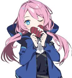 Rule 34 | 1girl, arknights, black ribbon, blue poison (arknights), blue sailor collar, blush, gift, heart, heart-shaped pupils, holding, holding gift, hood, hood down, jacket, long hair, long sleeves, low twintails, neck ribbon, open clothes, open jacket, pink hair, ribbon, sailor collar, shirt, simple background, solo, symbol-shaped pupils, twintails, upper body, valentine, weshika, white background, white shirt
