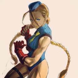 Rule 34 | 1girl, 6maker, absurdres, adapted costume, antenna hair, blonde hair, blue eyes, blue hat, blue leotard, braid, breasts, cammy white, commentary request, elbow gloves, facial scar, fighting stance, fingerless gloves, garrison cap, gloves, hat, highres, leotard, long hair, looking at viewer, low-tied long hair, medium breasts, muscular, muscular female, necktie, red gloves, ribbed leotard, scar, scar on cheek, scar on face, sidelighting, simple background, sketch, sleeveless, solo, street fighter, street fighter zero (series), thick thighs, thigh strap, thighs, twin braids, very long hair, white background, yellow necktie