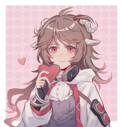 Rule 34 | 1girl, animal ears, antenna hair, arknights, black gloves, blush, border, brown hair, chinese commentary, commentary request, dress, eyjafjalla (arknights), gloves, hand up, heart, holding, holding heart, horns, jacket, long hair, long sleeves, looking at viewer, pink background, pink eyes, purple dress, sheep ears, sheep horns, smile, solo, upper body, white border, white jacket, xianchuanyu