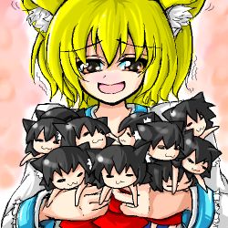 Rule 34 | 1girl, :d, = =, animal ears, black hair, blonde hair, blush, breasts, carrying, cat ears, cat girl, chen, chibi, closed eyes, female focus, fox ears, kurinton, lowres, motion lines, open mouth, small breasts, smile, solo, too many, touhou, trembling, upper body, yakumo ran