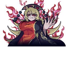 Rule 34 | 1girl, black dress, blonde hair, breasts, chinese clothes, dress, fingernails, hat, helltaker, junko (touhou), large breasts, long fingernails, long hair, long sleeves, looking at viewer, nail polish, red eyes, red nails, sash, solo, tabard, touhou, transparent background, warugaki (sk-ii), wide sleeves