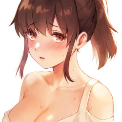 Rule 34 | 1girl, bare shoulders, blush, breasts, brown eyes, brown hair, cleavage, collarbone, large breasts, long hair, looking at viewer, original, parted lips, ponytail, shirt, sidelocks, simple background, solo, strap slip, sweat, tank top, upper body, white background, white shirt, yuyama chika