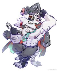 Rule 34 | 1boy, abs, animal ears, bara, black coat, black gloves, black headwear, black pants, chain, chibi, claws, coat, coat on shoulders, dislyte, ear piercing, furry, furry male, gloves, green necktie, hashtag-only commentary, hat, highres, holding, holding clothes, holding hat, holding whip, jin qiu (ru shou) (dislyte), male focus, muscular, muscular male, necktie, pants, pectorals, piercing, ponytail, scar, scar across eye, shahubot, sunglasses, tail, tiger boy, tiger ears, tiger stripes, tiger tail, topless male, weibo logo, weibo watermark, white background