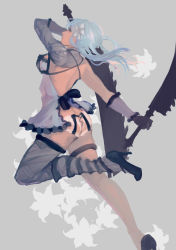 Rule 34 | 1girl, ass, black gloves, blue hair, braid, breasts, dual wielding, flower, gloves, grey background, hair flower, hair ornament, high heels, highres, holding, holding sword, holding weapon, kaine (nier), long hair, looking back, nier (series), simple background, solo, sword, weapon, white flower, zguavi