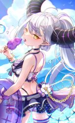 Rule 34 | 1girl, bikini, bikini under clothes, braid, braided bangs, choker, food, highres, hololive, horns, innertube, la+ darknesss, multicolored clothes, multicolored hair, multicolored swimsuit, neko no fuji, pointy ears, ponytail, popsicle, purple hair, ribbon, striped bikini, striped clothes, striped horns, swim ring, swimsuit, virtual youtuber, yellow eyes