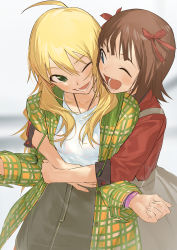 Rule 34 | 2girls, ;d, absurdres, ahoge, amami haruka, blonde hair, blue eyes, collarbone, commentary request, commission, green eyes, hair between eyes, hair ribbon, highres, hoshii miki, hug, hug from behind, idolmaster, idolmaster (classic), long hair, looking at another, multiple girls, one eye closed, open mouth, perorin, pixiv commission, red ribbon, ribbon, smile