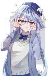 Rule 34 | 1girl, adjusting eyewear, alternate costume, bespectacled, black-framed eyewear, blue bow, blue bowtie, blue cardigan, blue gemstone, blue hair, blue headwear, blush, bow, bowtie, brooch, cardigan, closed mouth, collared shirt, commentary request, contemporary, diagonal-striped bow, diagonal-striped bowtie, diagonal-striped clothes, drop-shaped pupils, furina (genshin impact), gem, genshin impact, glasses, grey background, hair between eyes, heart, heterochromia, highres, jewelry, light blue hair, long eyelashes, looking at viewer, mismatched pupils, multicolored background, open cardigan, open clothes, round eyewear, shirt, smug, solo, striped, striped clothes, sweater, symbol-shaped pupils, upper body, usaki moon, wavy mouth, white background, white shirt, white sweater