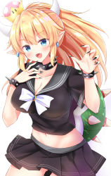 Rule 34 | 1girl, bad id, bad nicoseiga id, black serafuku, black skirt, blonde hair, blue eyes, blush, bowsette, bracelet, breasts, cleavage, collar, crown, dress, highres, horns, jewelry, large breasts, long hair, looking at viewer, mario (series), masayo (gin no ame), midriff, navel, neckerchief, new super mario bros. u deluxe, nintendo, open mouth, pleated skirt, pointy ears, ponytail, school uniform, serafuku, sharp teeth, simple background, skirt, smile, solo, spiked bracelet, spiked collar, spikes, super crown, teeth, turtle shell