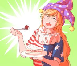 Rule 34 | 1girl, american flag dress, blonde hair, cake, closed eyes, clownpiece, food, foodgasm, fork, fruit, hat, jester cap, long hair, mefomefo, neck ruff, open mouth, plate, polka dot, short sleeves, smile, solo, star (symbol), star print, strawberry, strawberry shortcake, striped, teeth, touhou, upper body, very long hair