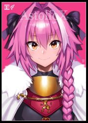 Rule 34 | 1boy, astolfo (fate), black bow, black shirt, blouse, bow, braid, character name, closed mouth, commentary, content rating, fate/grand order, fate (series), fur collar, glint, gold trim, gorget, hair between eyes, hair intakes, hair ribbon, highres, interlocked mars symbols, long hair, looking at viewer, male focus, mars symbol, meme50, pink hair, ribbon, shirt, single braid, smile, solo, trap, yellow eyes