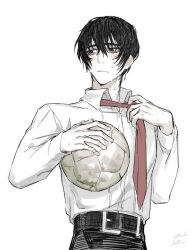 Rule 34 | 1boy, ball, belt, black belt, black pants, blush, closed mouth, collared shirt, highres, holding, holding ball, limbus company, male focus, necktie, necktie grab, neckwear grab, pants, project moon, red necktie, satome setsuko, shirt, simple background, solo, sweat, upper body, volleyball (object), white background, white shirt, yi sang (project moon)