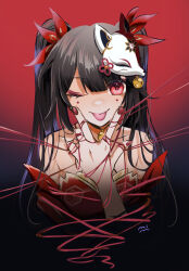 Rule 34 | 1girl, :p, armpit crease, bare shoulders, black background, bow, brown hair, closed mouth, collarbone, cropped torso, dress, fox mask, gradient background, hair bow, hand up, highres, honkai: star rail, honkai (series), long hair, looking at viewer, mask, mask on head, mi-metal, nail polish, red background, red bow, red dress, red nails, sidelocks, signature, simple background, sleeveless, sleeveless dress, smile, solo, sparkle (honkai: star rail), string, string of fate, tongue, tongue out, twintails, w, w over mouth