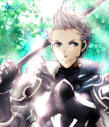 Rule 34 | 1boy, armor, black armor, fe knights, fire emblem, fire emblem fates, green eyes, grey hair, highres, holding, holding polearm, holding weapon, lance, looking to the side, male focus, nintendo, polearm, quiff, shoulder armor, silas (fire emblem), weapon