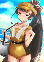 Rule 34 | 1girl, beach, belt, black belt, black eyes, black hair, blue sky, breasts, casual one-piece swimsuit, cloud, covered navel, cowboy shot, day, fuji (pixiv24804665), gradient hair, hair ribbon, highres, kantai collection, long hair, multicolored hair, ocean, official alternate costume, official alternate hairstyle, one-piece swimsuit, outdoors, ponytail, red hair, ribbon, sky, small breasts, solo, swimsuit, very long hair, visor cap, white ribbon, yamashio maru (kancolle), yellow one-piece swimsuit