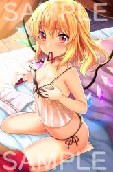 Rule 34 | 1girl, ass, babydoll, bare arms, bare legs, bare shoulders, barefoot, bed, black bra, black panties, blonde hair, blush, bra, breasts, butt crack, unworn clothes, commentary request, crystal, curtains, flandre scarlet, hair between eyes, hand on own chest, highres, indoors, long hair, looking at viewer, medium breasts, mouth hold, no headwear, one side up, panties, pulled by self, red eyes, red skirt, rimu (kingyo origin), sample watermark, see-through, seiza, shadow, shirt, unworn shirt, side-tie panties, sitting, skirt, unworn skirt, solo, strap pull, thighs, touhou, underwear, watermark, white shirt, wings