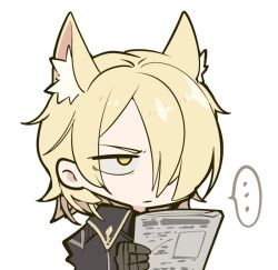 Rule 34 | ..., 1boy, animal ear fluff, animal ears, arknights, blonde hair, chibi, closed mouth, hair over one eye, holding, holding newspaper, male focus, mlynar (arknights), mzh, newspaper, simple background, solo, spoken ellipsis, upper body, white background, yellow eyes