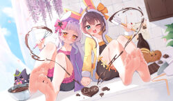 Rule 34 | 2girls, absurdres, barefoot, blue eyes, blush, brown hair, candy, chocolate, chocolate heart, feet, food, heart, highres, holding hands, hololive, long hair, looking at viewer, multiple girls, murasaki shion, natsuiro matsuri, one eye closed, open mouth, smile, soles, toes, virtual youtuber, wink, yellow eyes, yoshie eneko