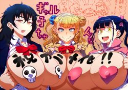 Rule 34 | 10s, 3girls, :p, bad id, bad twitter id, black hair, blonde hair, blue eyes, blue scrunchie, body writing, bow, breasts, breasts out, brown eyes, character name, cleavage, clothes lift, ear piercing, earrings, galko, gigantic breasts, glasses, hair bow, heart pasties, huge breasts, jewelry, long hair, looking at viewer, multiple girls, nail polish, nikuko (galko), nuezou, ojou (galko), okako (galko), one side up, open clothes, open shirt, oshiete! galko-chan, otako (galko), partially translated, pasties, piercing, pink nails, presenting, red neckwear, school uniform, scrunchie, self exposure, shirt lift, side bun, skull, skull pasties, smile, sweatdrop, sweater, sweater lift, text focus, tongue, tongue out, translation request, twintails, upper body, wavy mouth, yellow eyes