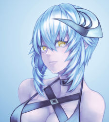 Rule 34 | 1girl, bad id, bad pixiv id, bare shoulders, blue hair, breasts, choker, cleavage, horns, large breasts, mstm, original, short hair, sidelocks, solo, upper body, yellow eyes