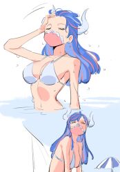 Rule 34 | 1girl, ahoge, alternate costume, beach umbrella, bikini, blue hair, breasts, cleavage, closed eyes, covered mouth, curled horns, dinosaur girl, horns, large breasts, long hair, mask, mouth mask, multicolored hair, multiple views, one piece, partially submerged, pink hair, pink mask, raine (acke2445), solo, streaked hair, swimsuit, ulti (one piece), umbrella, water, wet, white bikini
