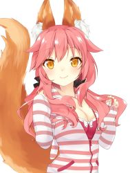 Rule 34 | 10s, 1girl, akino (1i1i1i1i), animal ears, bare shoulders, blush, bra, breasts, cleavage, fate/extra, fate (series), fox ears, fox tail, hair ribbon, highres, long hair, looking at viewer, medium breasts, official alternate costume, pink bra, pink hair, ribbon, simple background, solo, tail, tamamo no mae (fate/extra), tamamo no mae (spring casual) (fate), twintails, underwear, white background, yellow eyes