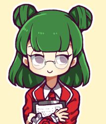 Rule 34 | 1girl, black eyes, c:, clipboard, closed mouth, collared shirt, commentary request, double bun, e.g.o (project moon), employee (project moon), frilled sleeves, frills, glasses, green hair, hair bun, hatake shimeji, holding, holding clipboard, jacket, lobotomy corporation, long sleeves, looking to the side, necktie, no nose, outline, project moon, red jacket, red necktie, round eyewear, shirt, simple background, smile, solo, upper body, white outline, white shirt, yellow background