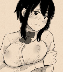 Rule 34 | 1girl, bad id, bad pixiv id, black hair, blouse, blush, borrowed character, bow, breast hold, breasts, covered erect nipples, greyscale, hand on own stomach, head tilt, kiiroi tamago, large breasts, looking at viewer, monochrome, original, sawada manami, see-through, sepia, shirt, sidelocks, solo, sweat, upper body, wavy mouth