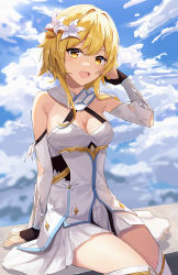 Rule 34 | 1girl, :d, absurdres, bad id, bad pixiv id, beten, black gloves, blonde hair, blue sky, breasts, cleavage, cloud, cloudy sky, detached sleeves, dress, fingerless gloves, flower, genshin impact, gloves, hair flower, hair ornament, highres, lumine (genshin impact), medium breasts, medium hair, open mouth, sitting, sky, smile, solo, thighhighs, white dress, white thighhighs, yellow eyes