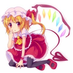 Rule 34 | 1girl, ascot, bad id, bad pixiv id, black pantyhose, blonde hair, blush, embodiment of scarlet devil, female focus, finger to face, flandre scarlet, full body, hat, laevatein, lowres, mary janes, minato0618, open mouth, pantyhose, red eyes, ribbon, shirt, shoes, side ponytail, simple background, single wing, skirt, skirt set, solo, touhou, wings, wrist cuffs, wrist ribbon