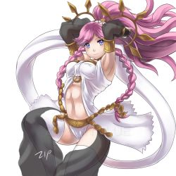 Rule 34 | 1girl, abs, armpits, arms behind head, arms up, blue eyes, blush, braid, breasts, dancing, fire emblem, fire emblem awakening, highres, long hair, nintendo, olivia (fire emblem), pink hair, ponytail, smile, solo, stomach, thighhighs, toned, zipskyblue